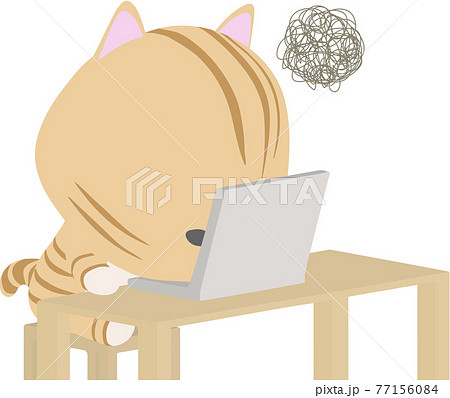 パソコンの前でうなだれる茶トラ猫のイラスト素材