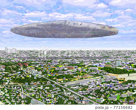 都市上空を飛ぶ復活した月の遺棄母船 77156682