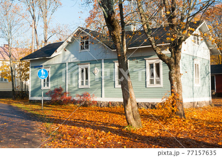 KOUVOLA, FINLAND - OCTOBER 15, 2018: Beautiful autumn in old rustic museum district of Kouvola - Kaunisnurmi KOUVOLA, FINLAND - OCTOBER 15, 2018: Beautiful autumn in old rustic museum district of Kouvola - Kaunisnurmi 77157635