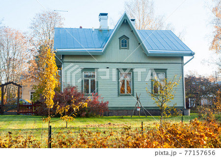 KOUVOLA, FINLAND - OCTOBER 15, 2018: Beautiful autumn in old rustic museum district of Kouvola - Kaunisnurmi 77157656