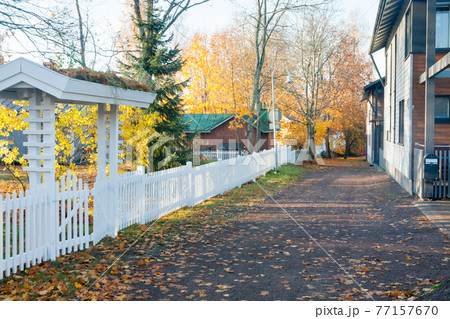KOUVOLA, FINLAND - OCTOBER 15, 2018: Beautiful autumn in old rustic museum district of Kouvola - Kaunisnurmi KOUVOLA, FINLAND - OCTOBER 15, 2018: Beautiful autumn in old rustic museum district of Kouvola - Kaunisnurmi 77157670