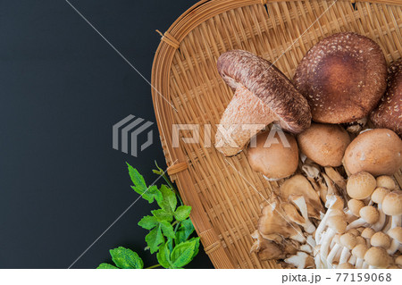 秋の味覚 きのこ 黒背景 俯瞰イメージ素材 77159068