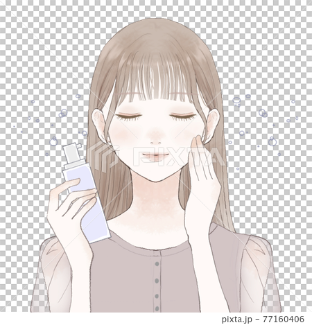A woman who sprinkles mist-type lotion on her face 77160406