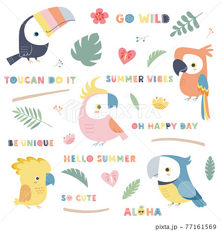 トロピカルな鳥 植物 ポジティブなメッセージなどのデザイン素材セットのイラスト素材