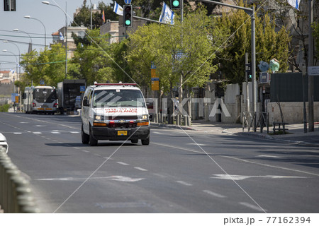 Jerusalem Israel April 2021 View of a ambulance in the street of Jerusalem in Israel on afternoon 77162394
