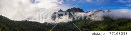 Panoramic. Green mountain scenery There is a mist in the mountains . The sky is blue and the clouds are white. 77163053