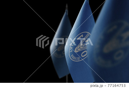 Small national flags of the Food and agriculture organization on a dark background 77164753