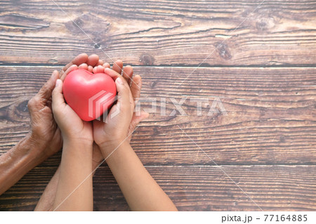 senior women and child holding red heart close up senior women and child holding red heart close up 77164885