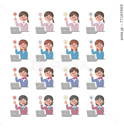 評価する様々な年齢層の女性オペレーターとパソコン セットのイラスト素材 評価する様々な年齢層の女性オペレーターとパソコン セットのイラスト素材