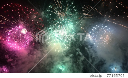 広島県福山市の芦田川花火大会の打ち上げ花火の写真素材