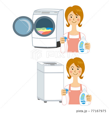 洗濯機に洗剤を入れる女性のイラスト素材