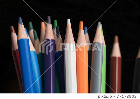 A set of colored pencils, stationery. Lots of colorful pencils on the table. Drawing and Visual Art Kits 77173905