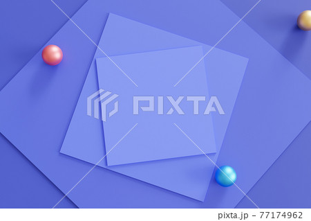 Abstract geometric blue background with square shaped paper cards and colorful spheres. 3d rendering illustration. Abstract geometric blue background with square shaped paper cards and colorful spheres. 3d rendering illustration. 77174962