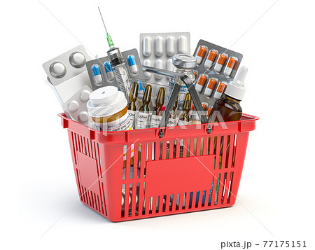 Shopping basket full of medicines, pills, blisters  and vaccine isolated on white. 77175151