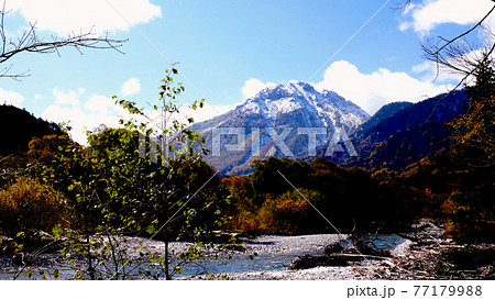 上高地の焼岳と梓川 朝焼紅葉 77179988