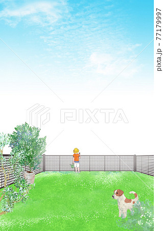 晴れた日に芝生の庭で遊ぶ子供と犬の風景イラストのイラスト素材