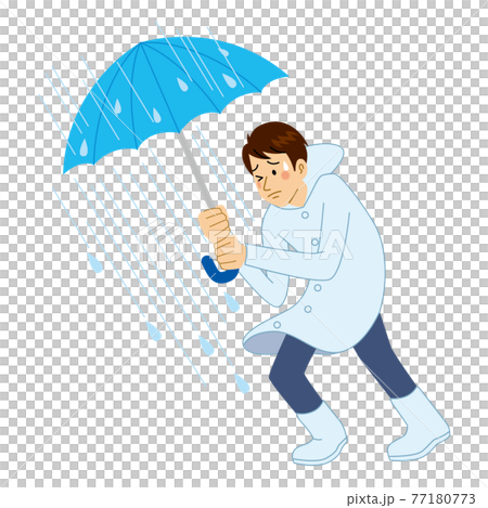 大雨の中、傘をさす男性 77180773