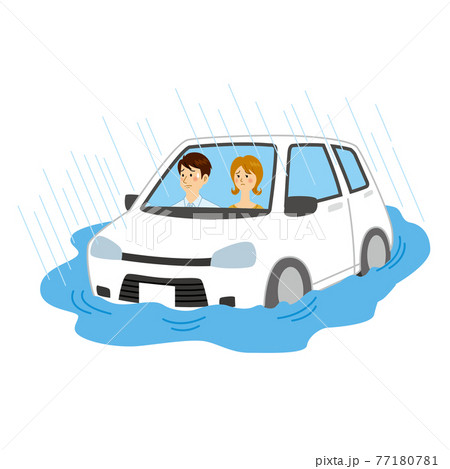 浸水する車に乗る男女 浸水する車に乗る男女 77180781