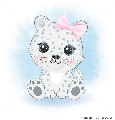 Cute snow leopard cartoon arctic animal watercolor illustration 77183518
