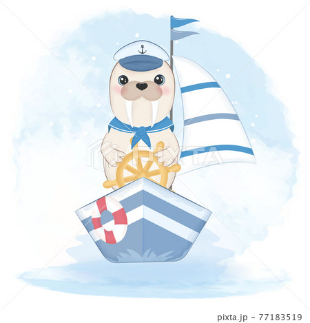 Cute walrus sailor driving boat and swim ring hand drawn watercolor illustration 77183519
