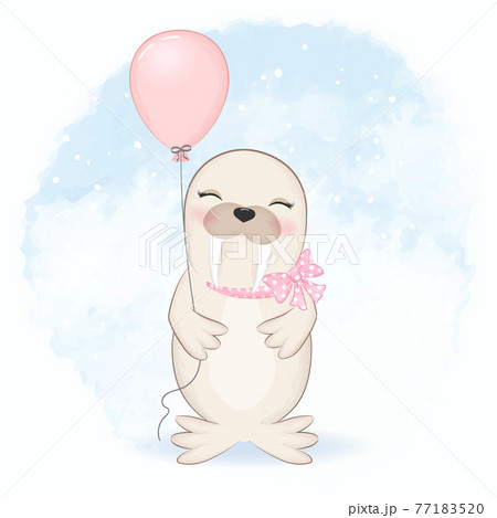 Cute seal and balloon cartoon animal watercolor illustration 77183520