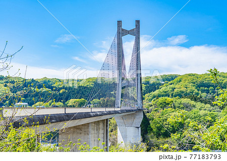 埼玉秩父の都市風景 秩父公園橋(秩父ハープ橋)のある風景 77183793
