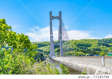 埼玉秩父の都市風景 秩父公園橋(秩父ハープ橋)のある風景 77183799