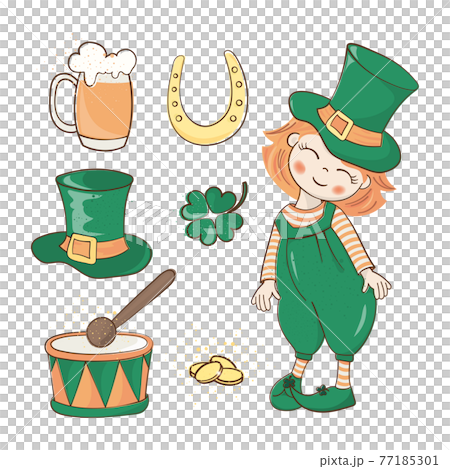 PATRICK HOLIDAY Red Haired Leprechaun Boy In Green Hat And Other Attributes Saint Patrick Day Cartoon Clip Art Vector Illustration Set For Print PATRICK HOLIDAY Red Haired Leprechaun Boy In Green Hat And Other Attributes Saint Patrick Day Cartoon Clip Art Vector Illustration Set For Print 77185301