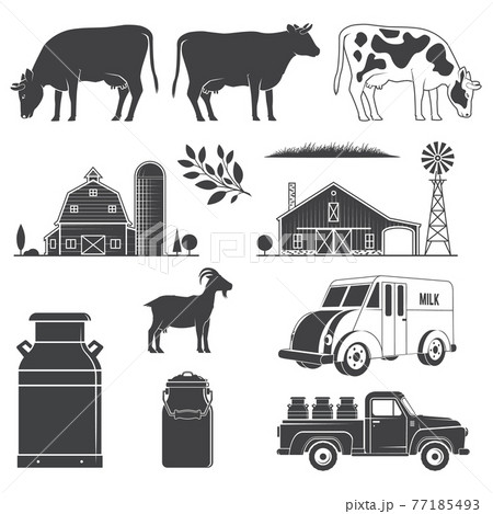 Set dairy and milk farm equipment icon. Vector illustration Set include cow, goat, farm, milk can, pickup silhouette scale isolated on the white background. 77185493