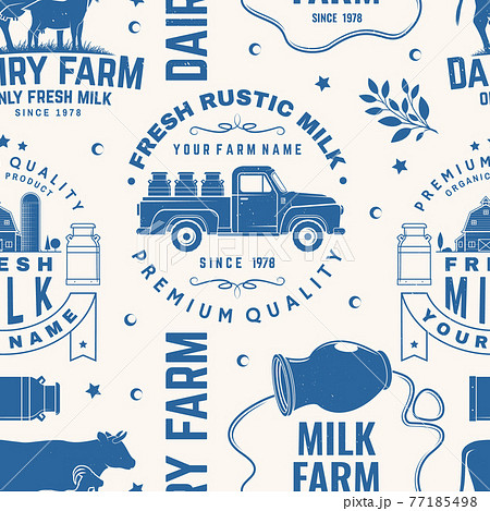 Milk farm seamless pattern or background. Vector Seamless dairy farm pattern with cow, goat, milk can silhouette. Texture for dairy and milk farm business - shop, market, packaging and menu 77185498