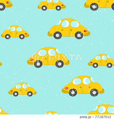 Seamless Pattern With Cute Cars On Blue のイラスト素材