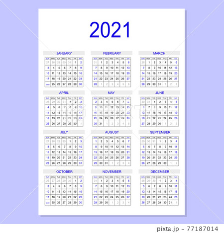 2021 calendar planner. Corporate week. Template layout, 12 months yearly, white background. Simple design for business brochure, flyer, print media, advertisement. Week starts from Sunday. A4 size. 2021 calendar planner. Corporate week. Template layout, 12 months yearly, white background. Simple design for business brochure, flyer, print media, advertisement. Week starts from Sunday. A4 size. 77187014