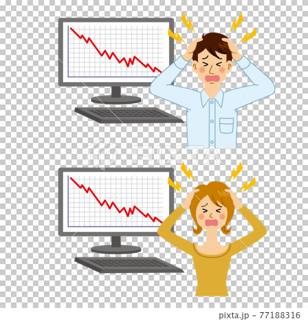株価が下落してショックを受ける男女 株価が下落してショックを受ける男女 77188316