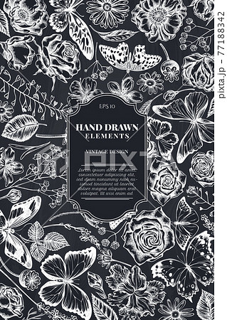 Card design with chalk shepherd's purse, heather, iris japonica, sakura, gypsophila, chamomile 77188342