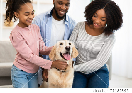 Young black family hugging dog posing at home 77189392