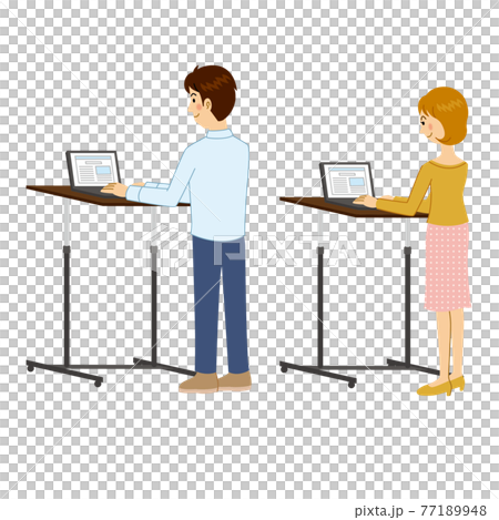 Men and women using a stand desk Men and women using a stand desk 77189948