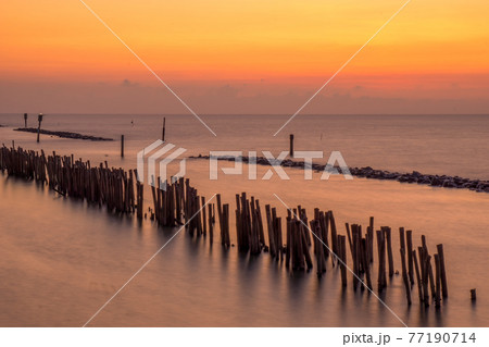 Bamboo wall and stone wall for protection against ocean waves. Sunset at the sea, Samut Sakhon, Thailand 77190714