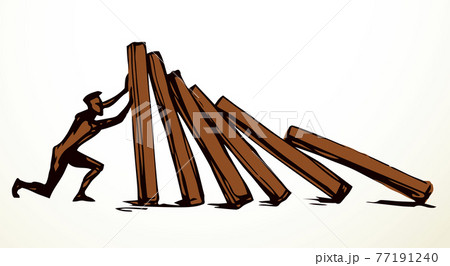 A man stops falling dominoes. Vector drawing A man stops falling dominoes. Vector drawing 77191240