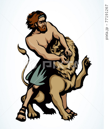 Samson fights a lion. Vector drawing Samson fights a lion. Vector drawing 77191267