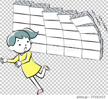 地震で崩れるブロック塀と驚く女性 77191417