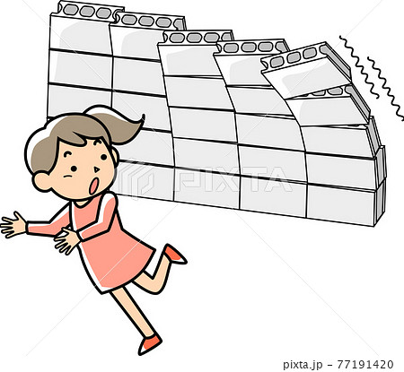 地震で崩れるブロック塀と驚く女性のイラスト素材