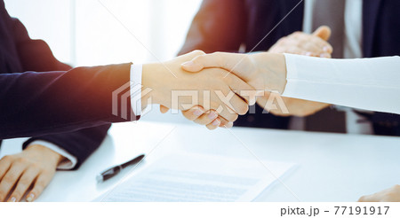 Businesspeople or lawyers shaking hands finishing up meeting or negotiation in sunny office. Business handshake and partnership Businesspeople or lawyers shaking hands finishing up meeting or negotiation in sunny office. Business handshake and partnership 77191917