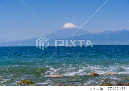 （静岡県）大瀬崎（おせざき）先端から見る、海越しの富士山 77192126