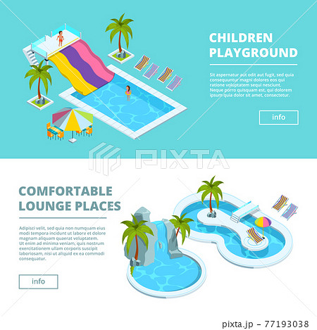 Horizontal banners with isometric pictures of water park and kids playgrounds 77193038