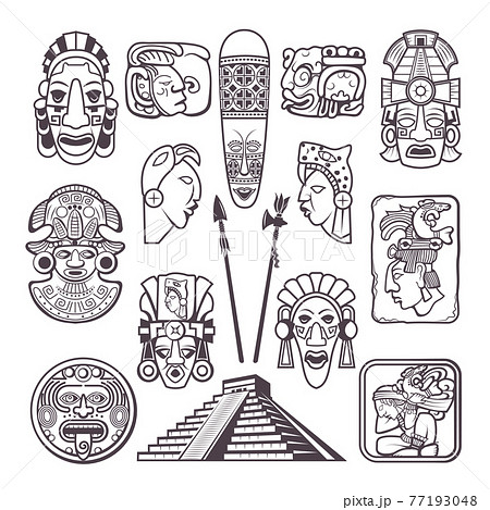 Monochrome pictures set of mayan culture symbols. Tribal masks and totems 77193048