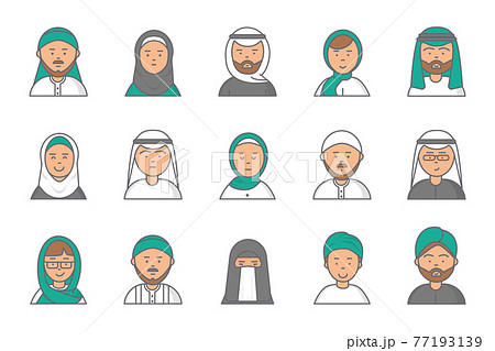 Islam linear avatars. Arabian muslim saudi male and female faces for web profile Islam linear avatars. Arabian muslim saudi male and female faces for web profile 77193139