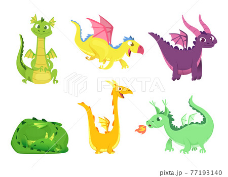 Fantasy dragons. Cute reptiles amphibians and fairytale dragons with big wings sharp tooth wild creatures cartoon 77193140