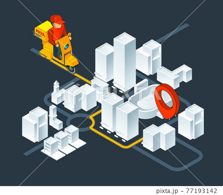 Urban 3d map navigation. Isometric map with delivery pizza navigation route 77193142