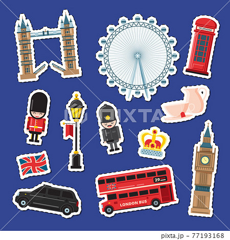 cartoon London stickers set illustration. England attractions banners 77193168
