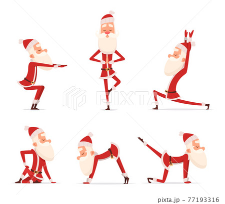 Santa yoga poses. Christmas winter holiday sport healthy character standing in various relax poses cute mascot isolated Santa yoga poses. Christmas winter holiday sport healthy character standing in various relax poses cute mascot isolated 77193316
